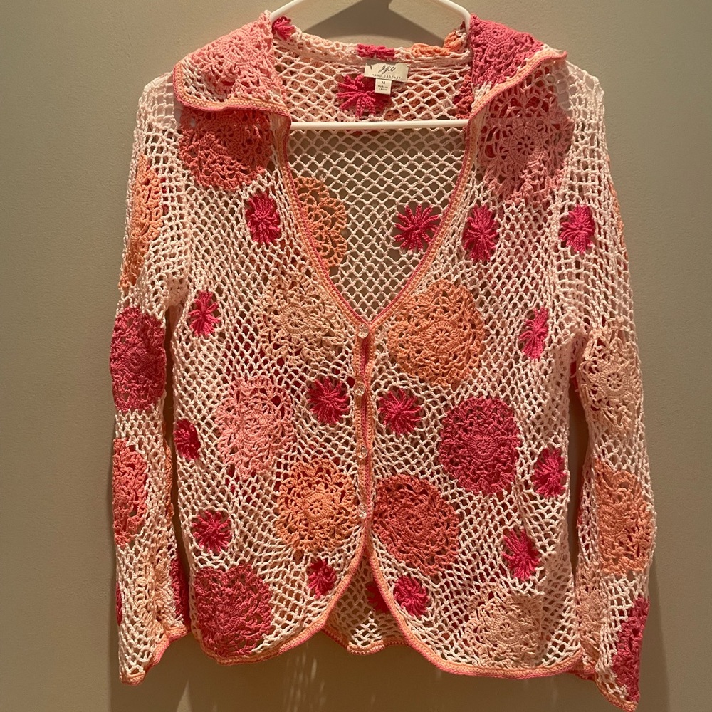 J Jill summer sweater. Crocheted with crystal buttons. Size Medium